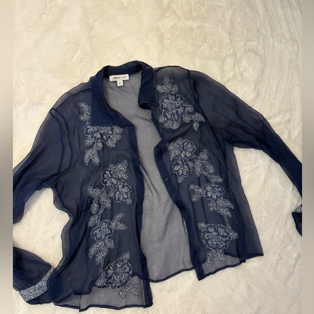 Sheer Navy Blouse with Floral Embroidery sze XL